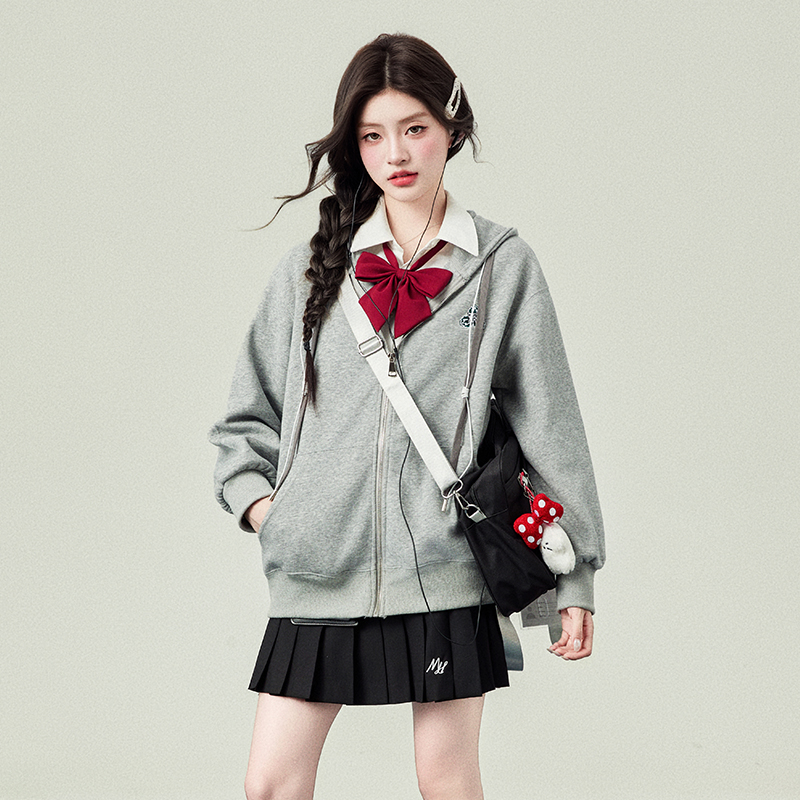 花铃太太原创jk树叶刺绣卫衣开衫拉链宽松舒适25年秋学院风外套女