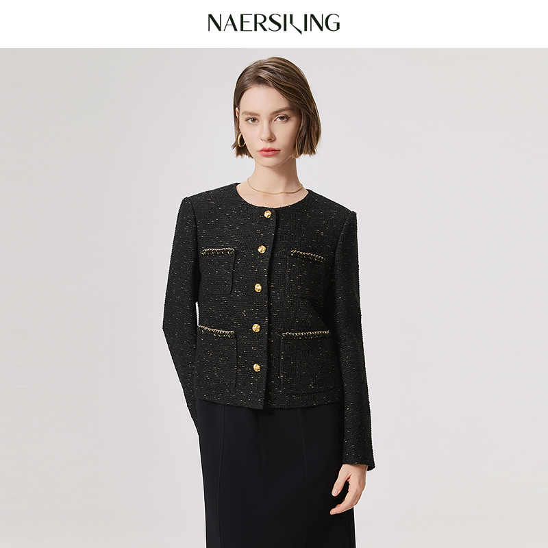 娜尔思灵小香风气质轻奢短款时尚黑色秋冬粗花呢LC00649W0