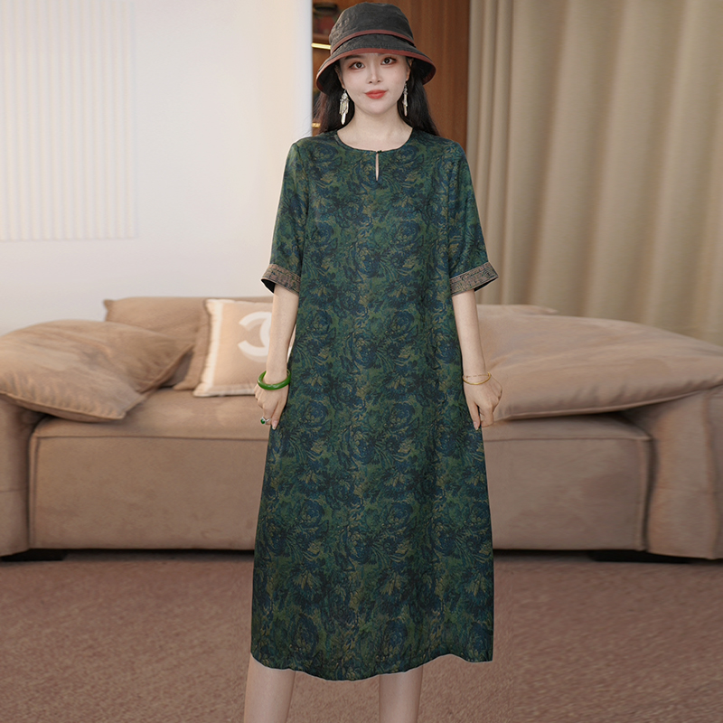 2025夏季时尚浪漫大牌杭州香云纱真丝连衣裙女气质妈妈桑蚕丝裙子