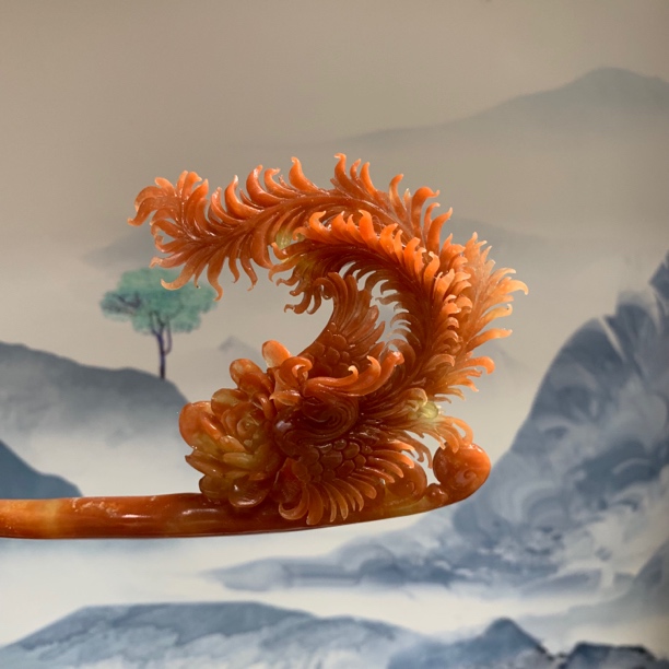 辽阳红凤凰簪子 岫玉簪子 天然玉石簪子汉服配饰精工雕刻