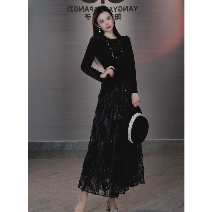 华贵名门105076黑色重工亮片连衣裙显瘦蕾丝法式收腰名媛气质长裙
