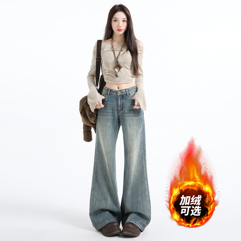 美式竹节纹加绒微喇牛仔裤女款冬季慵懒百搭不贴腿宽松显瘦阔腿裤