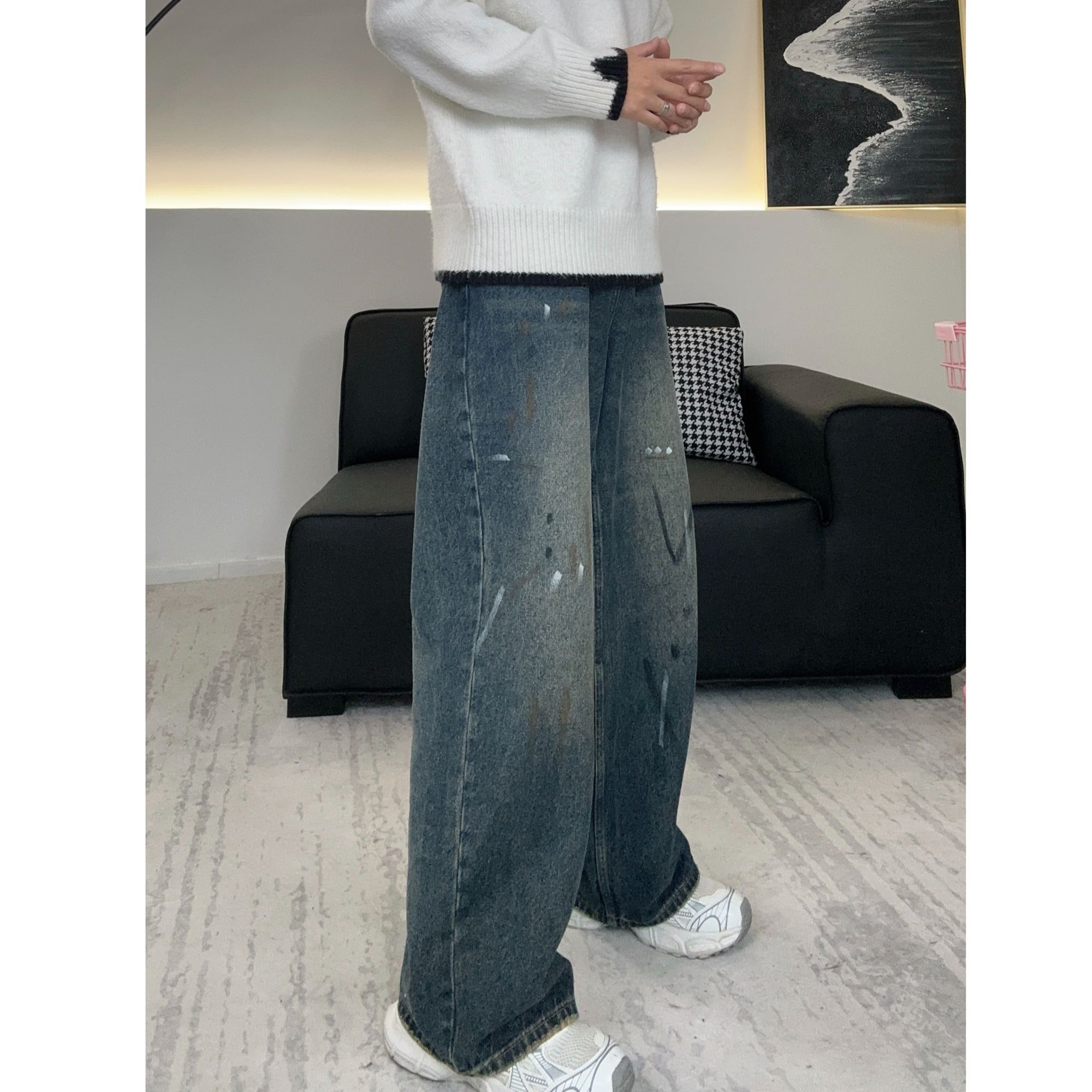 春秋冬牛仔裤美式高街休闲百搭复古宽松水洗显瘦做旧设计感牛仔裤