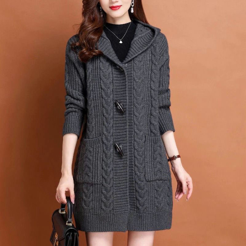 清仓2025秋冬加厚毛衣洋气针织外搭女开衫中长款连帽胖mm大码外套