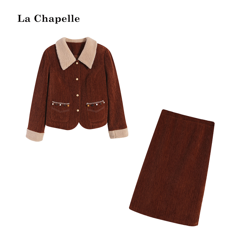 拉夏贝尔Homme/【】咖色羽绒上衣+咖色长半裙两件套LA5ZL113438