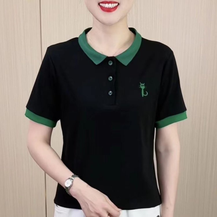 纤梦依-2025夏季新款翻领宽松休闲打底衫时尚洋气百搭短袖妈妈装