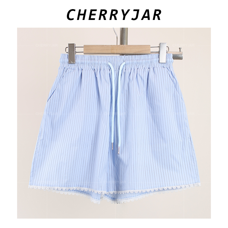 Cherryjar【056】条纹蕾丝边百搭悠闲短裤