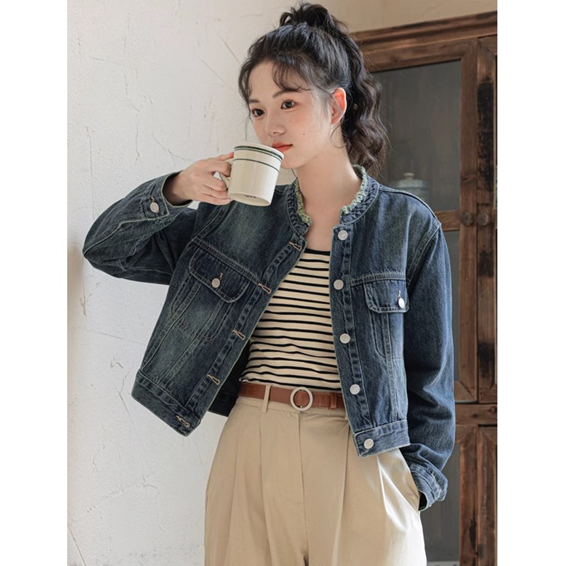 早春秋季复古圆领牛仔少女短外套女设计感小众休闲夹克上衣小个子