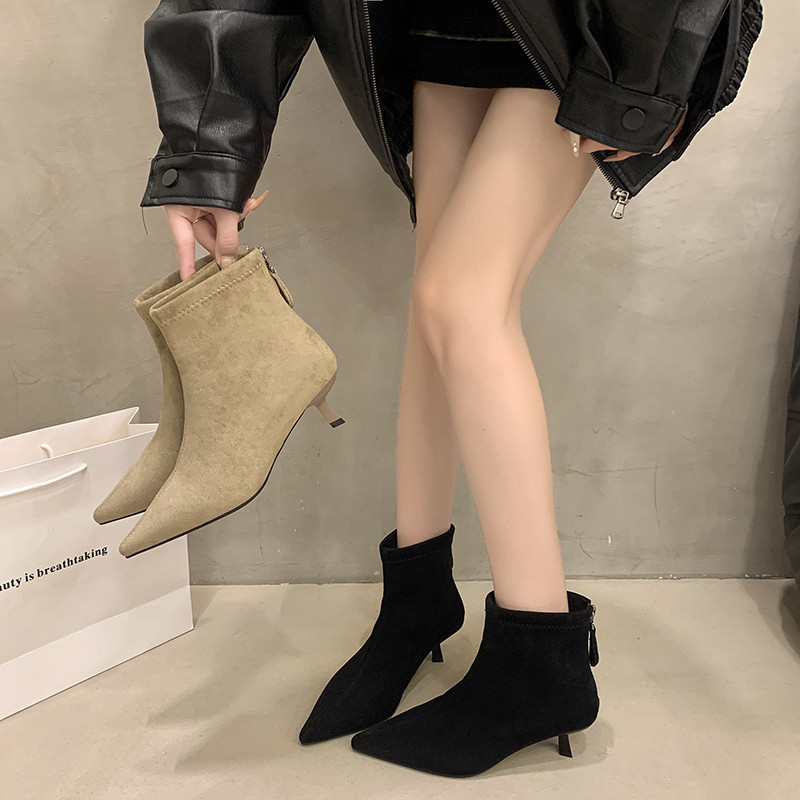 时装靴短靴女鞋网红瘦瘦靴单靴弹力时尚裸靴尖头粗跟