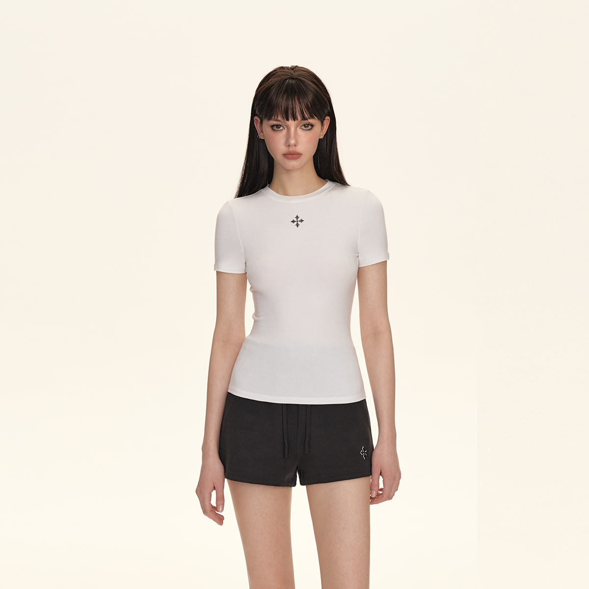 CLIMAX VISION欧若风轻薄裸感十字印花紧身短袖T恤女短款辣妹显瘦