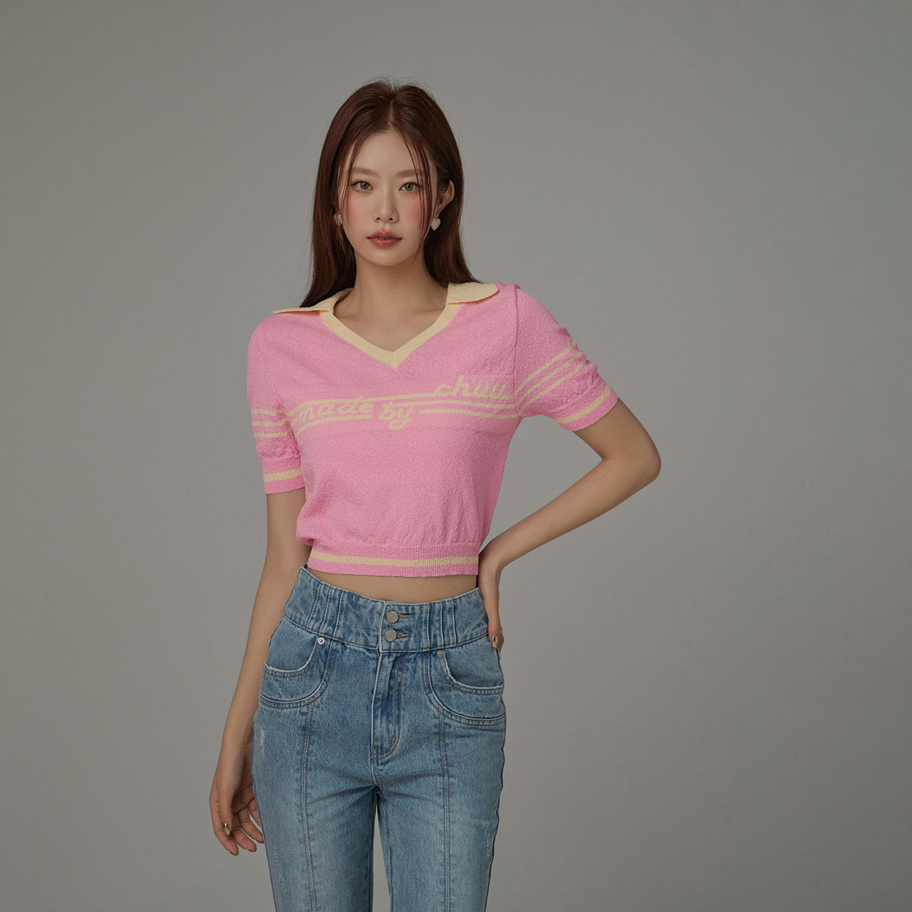 ND005【金拐子专属】CHUU夏季女装字母百搭翻领显瘦短款针织衫-F