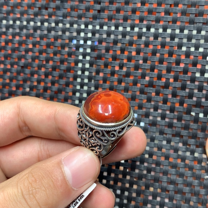 银S925镶嵌戒指南红玛瑙癫****.