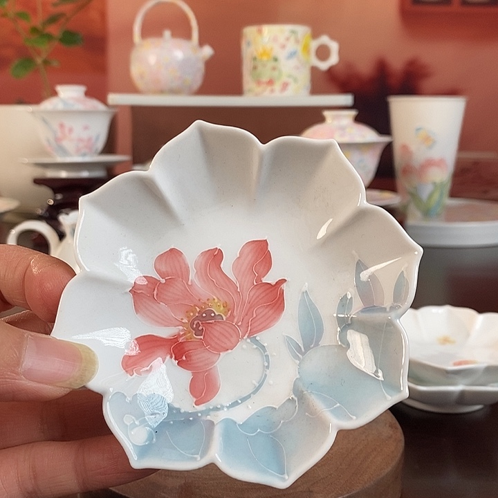 荷韵杯垫手绘釉下彩高温