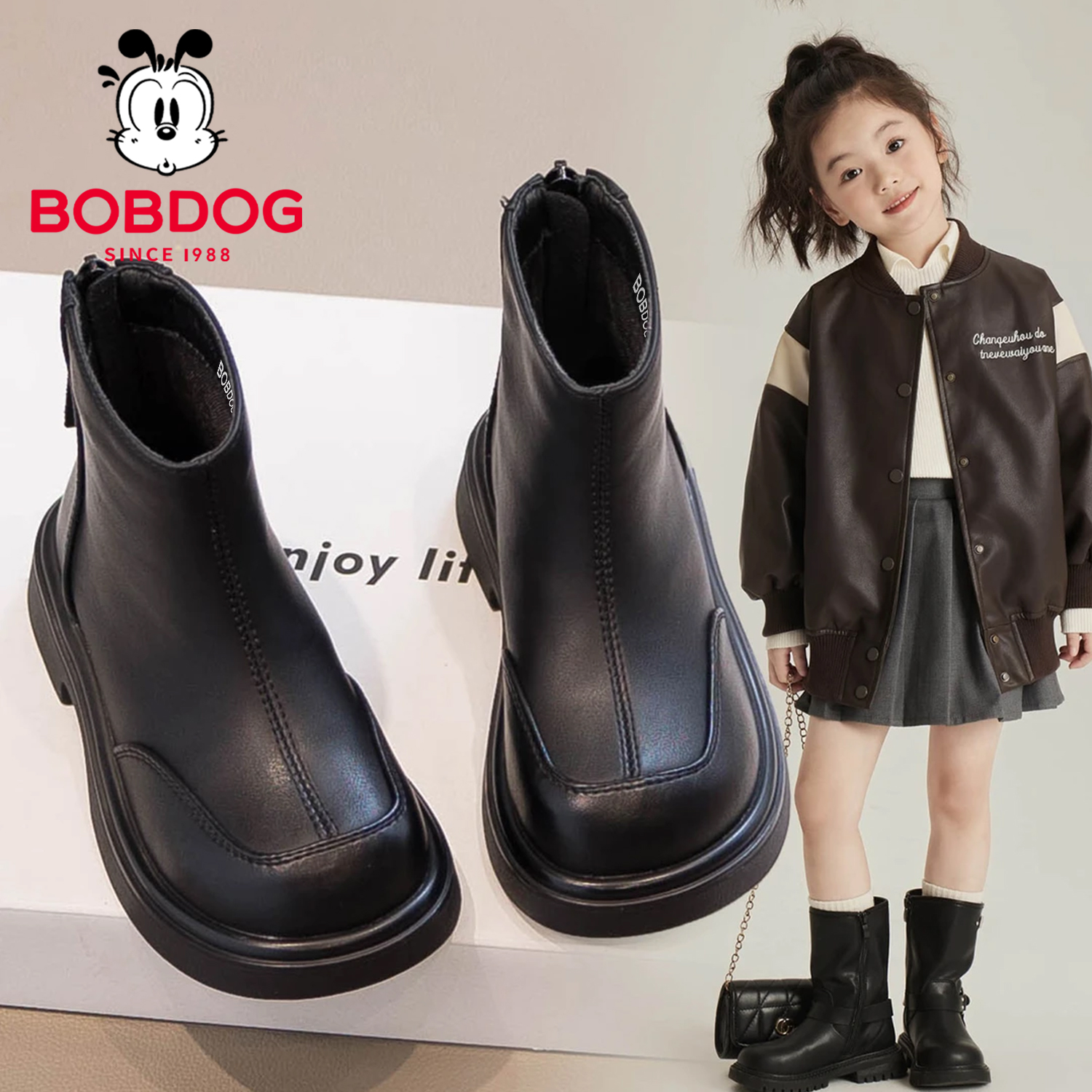 巴布豆女童马丁靴2025秋冬季新款儿童靴子防水宝宝加绒短靴小皮靴