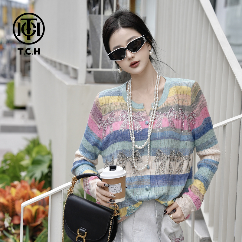 TCH私服烫钻蝴蝶结撞色小众休闲针织衫女T75A43E5007轻奢tch