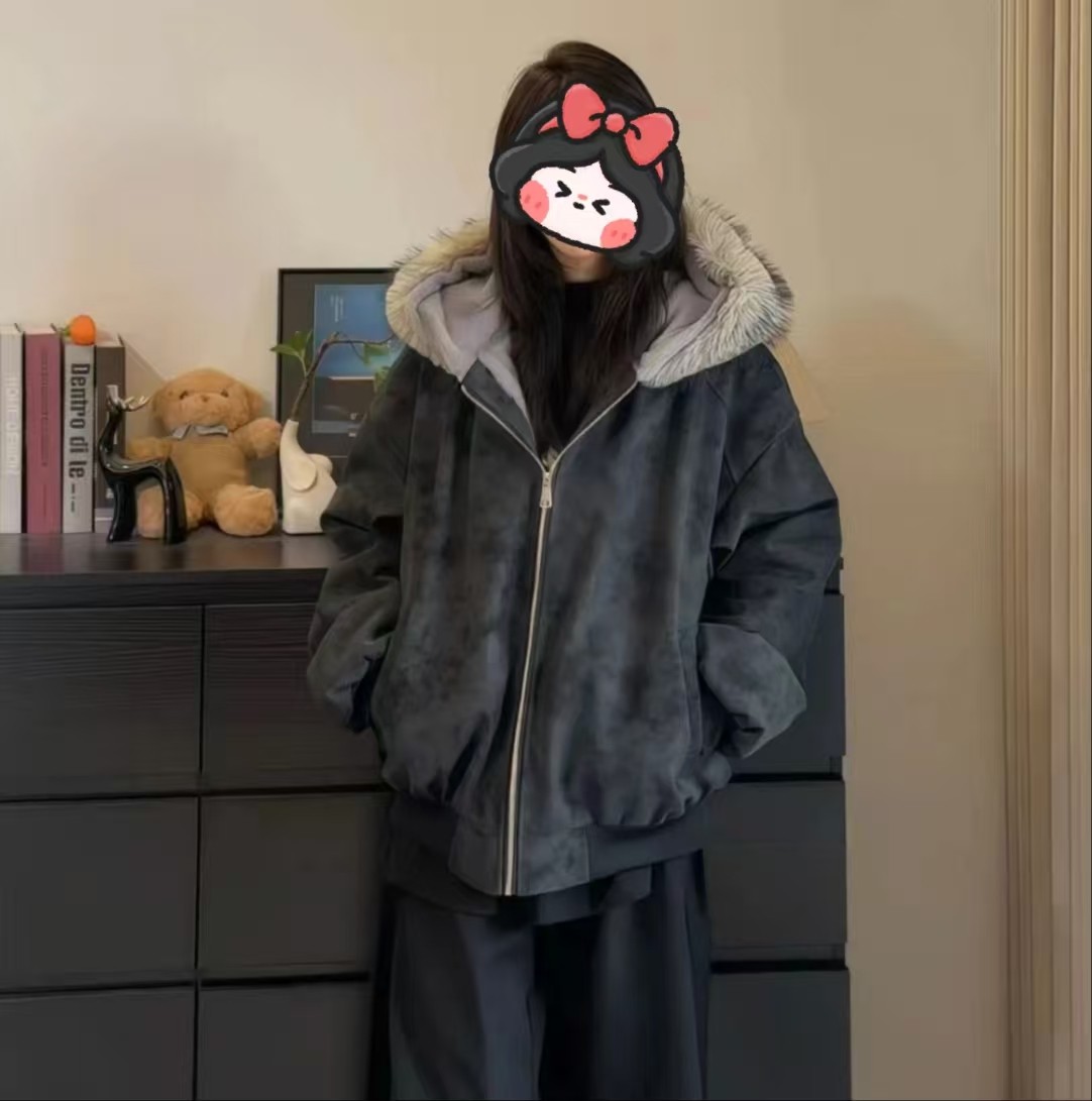 可拆卸大毛领座山雕冬季保暖男女宽松外套潮流时尚休闲情侣