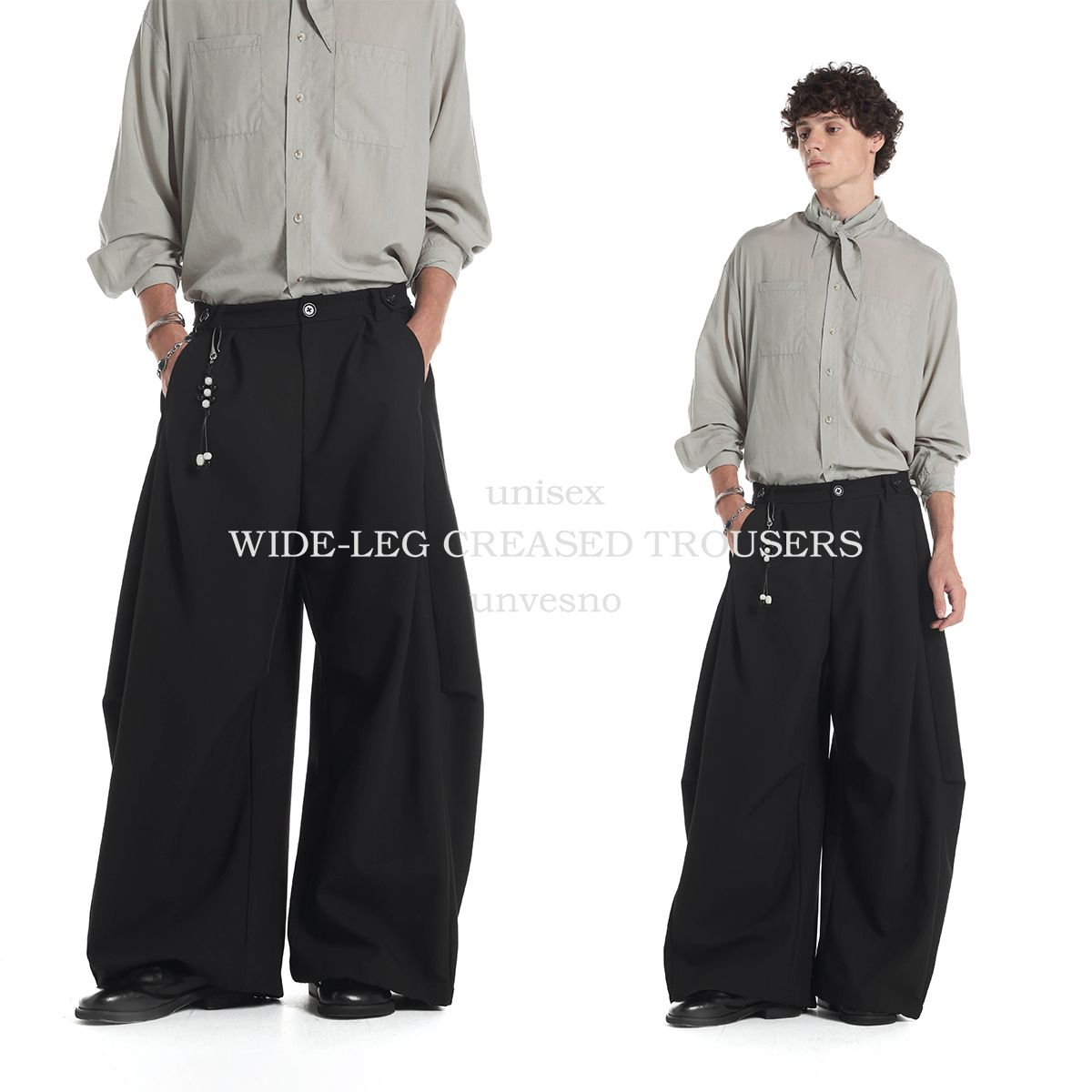 Unvesno(UN)四季裤可调节立体分割打褶大廓形弯刀百搭西裤