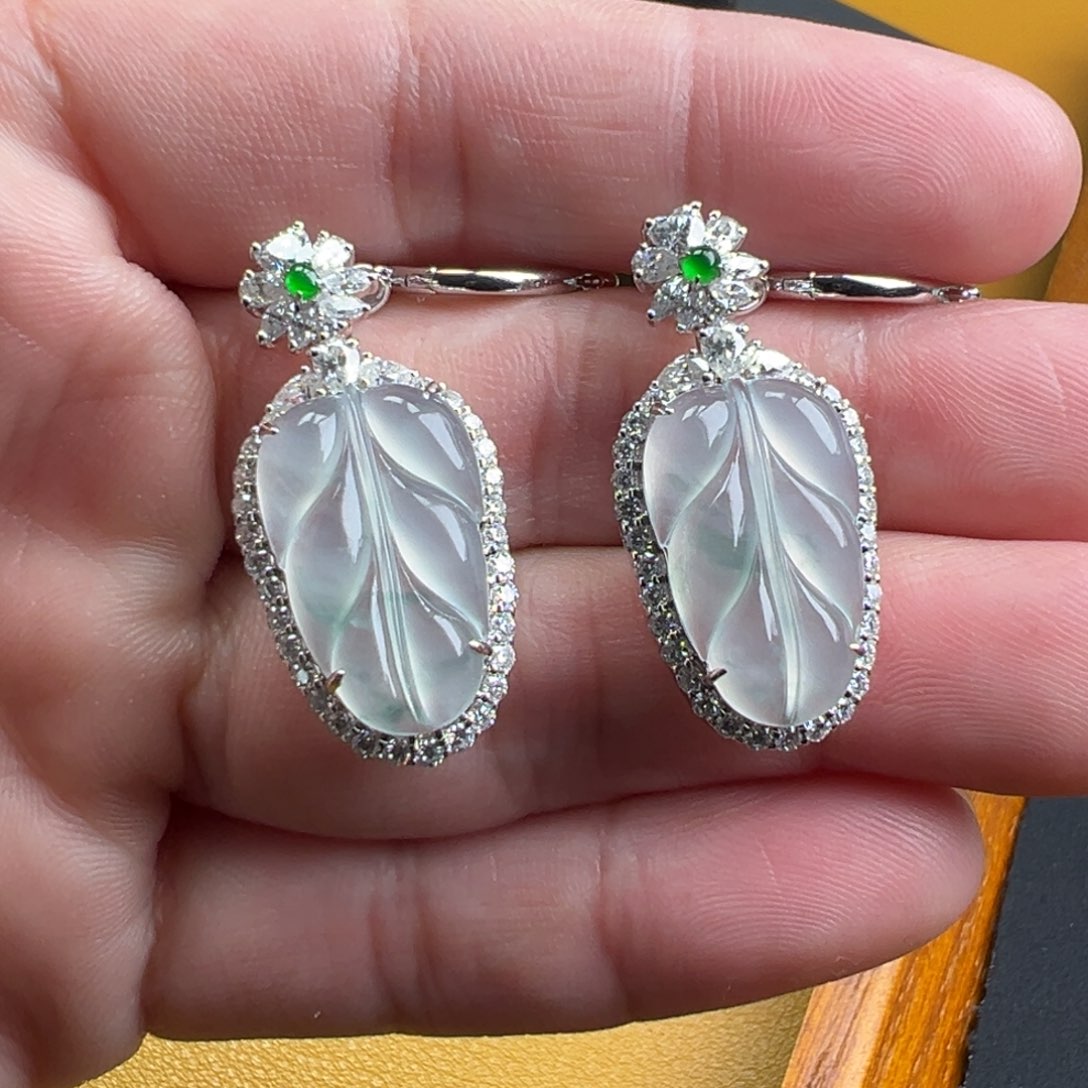 翡翠耳饰18K金镶嵌叶子18.6