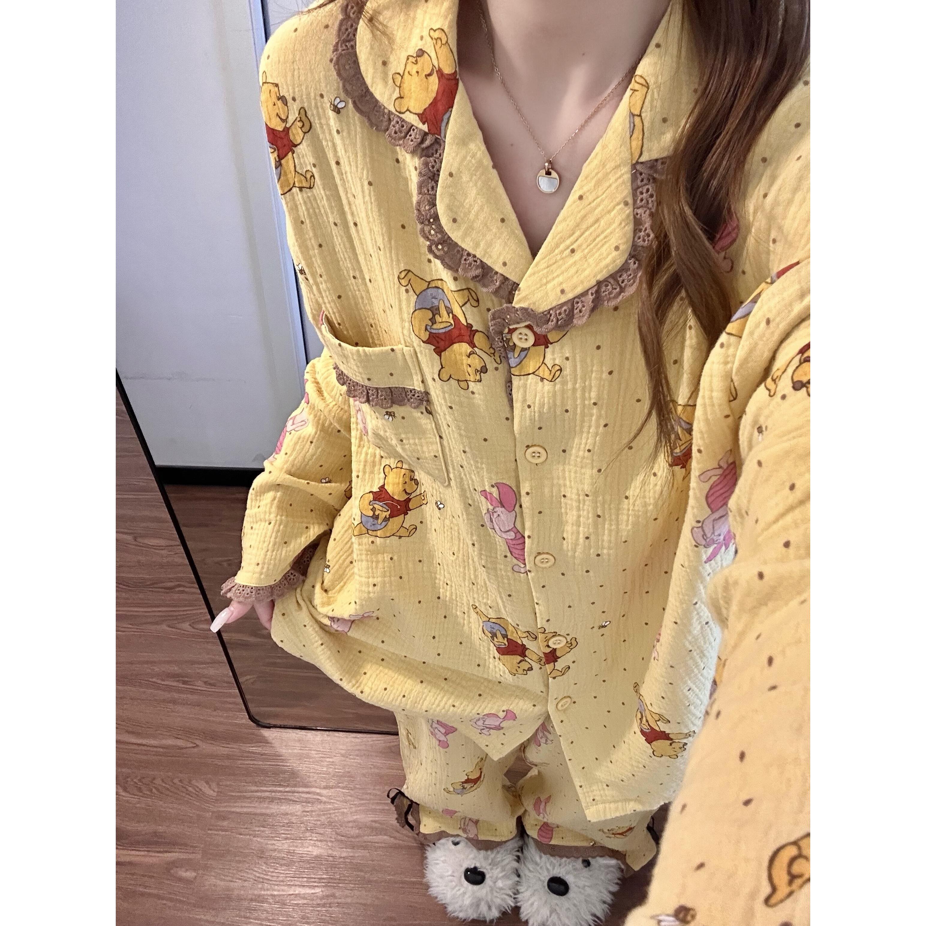 软萌可爱奶黄维尼熊棉纱睡衣女2026春秋季新款长袖长裤家居服套装