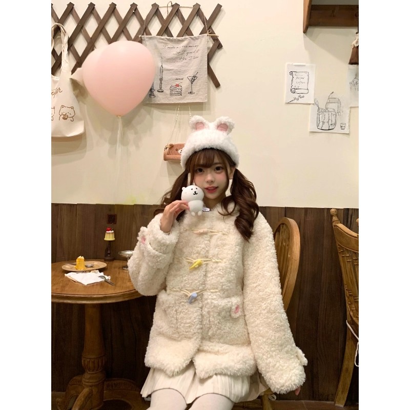 2025冬季甜兔熊小个子超好看可爱牛角扣毛绒绒外出新款潮牌女装