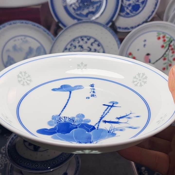 陶手绘雕刻8寸荷花盘子