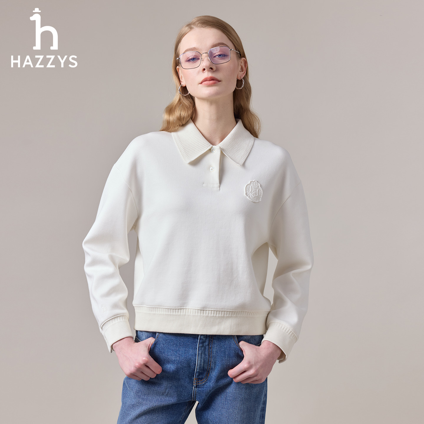 【商场同款】HAZZYS哈吉斯秋季女士休闲卫衣宽松POLO领长袖T恤衫