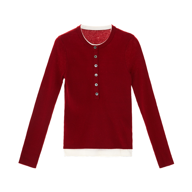 【尚雅专属】红色套头修身显瘦打底假两件毛衫Z5C5040