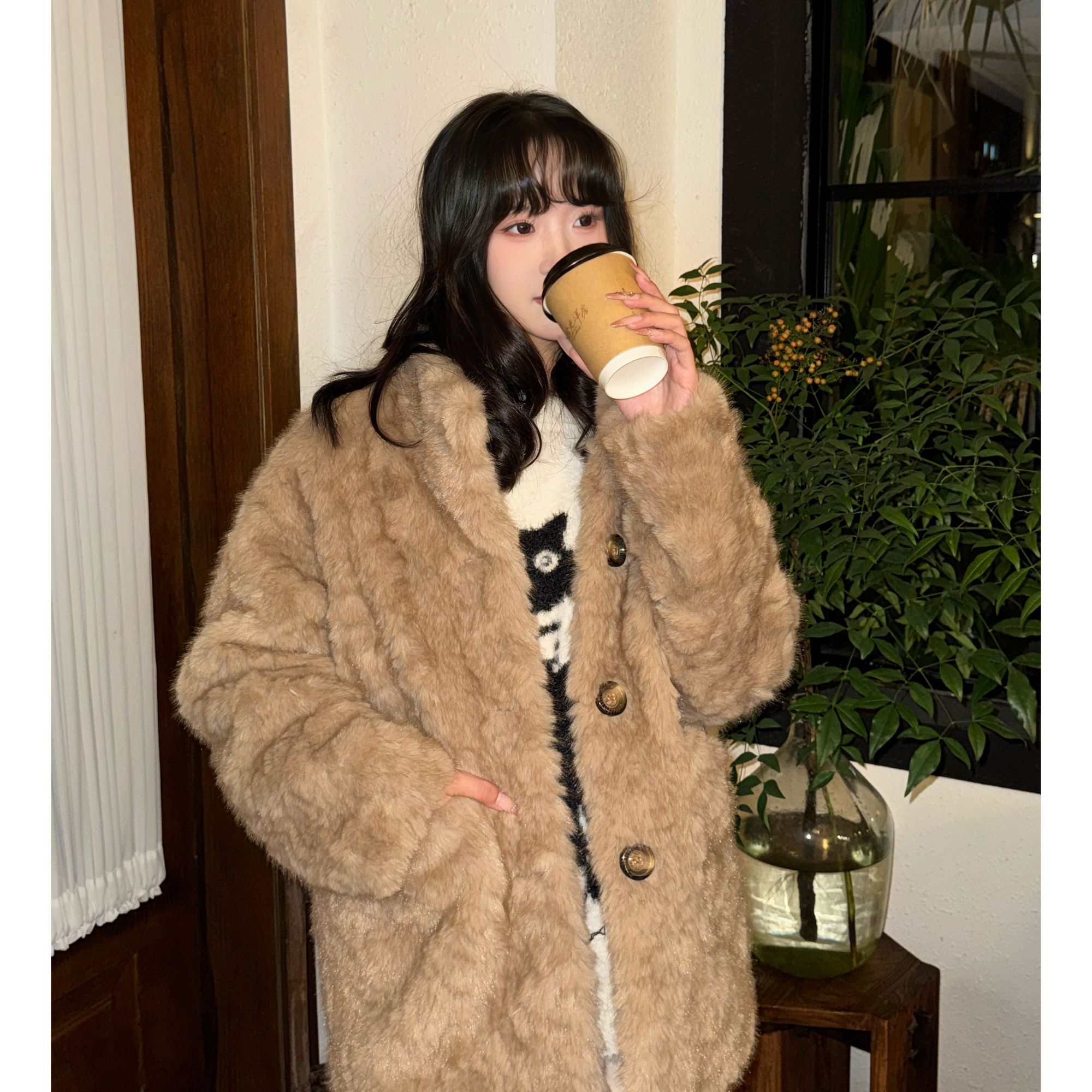 人造皮草 2025秋冬新款环保染尖慵懒毛毛外套休闲立领加厚大衣