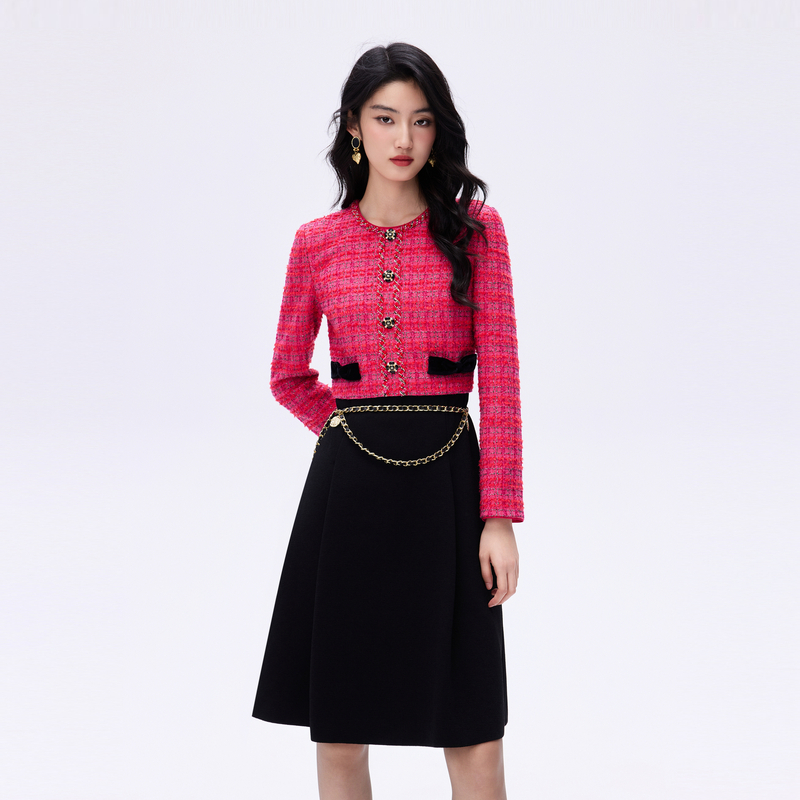 朗姿/莱茵【东方灵韵】优雅格纹粗花呢连衣裙艳桃红色LDHANBCOP801