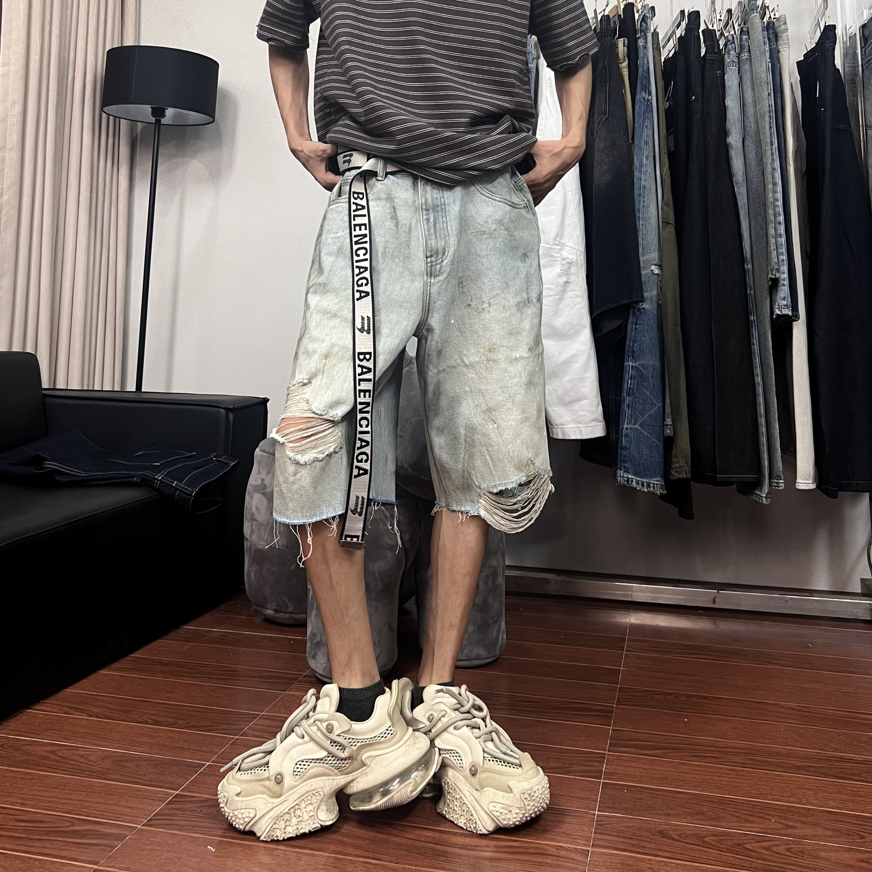 8597直筒裤短裤低腰微弹拼接款牛仔裤潮流欧若动感风