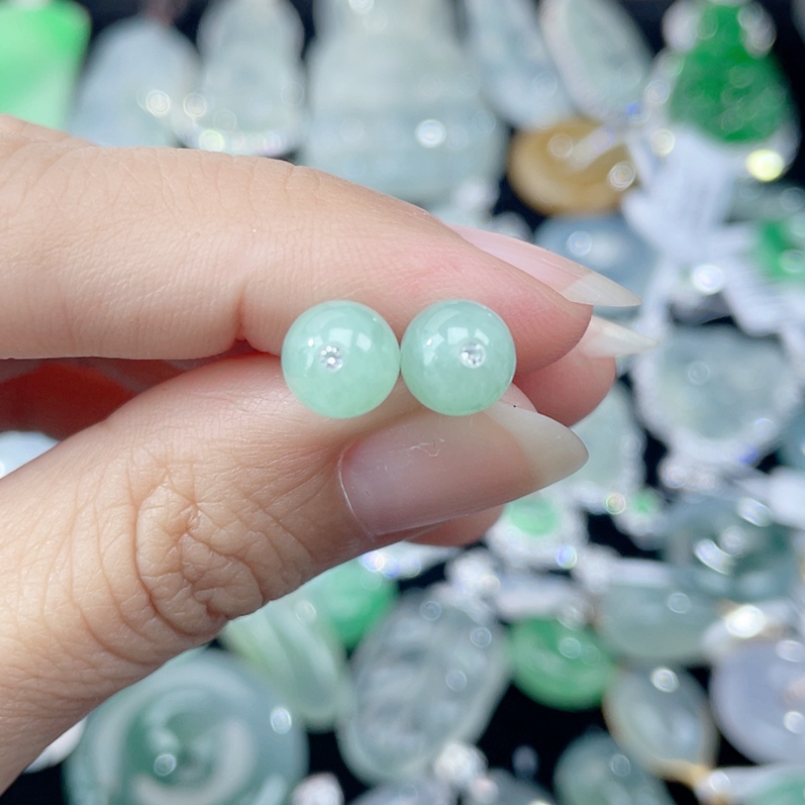 【闪购商品】翡翠耳饰银S925镶嵌43号 果绿耳钉