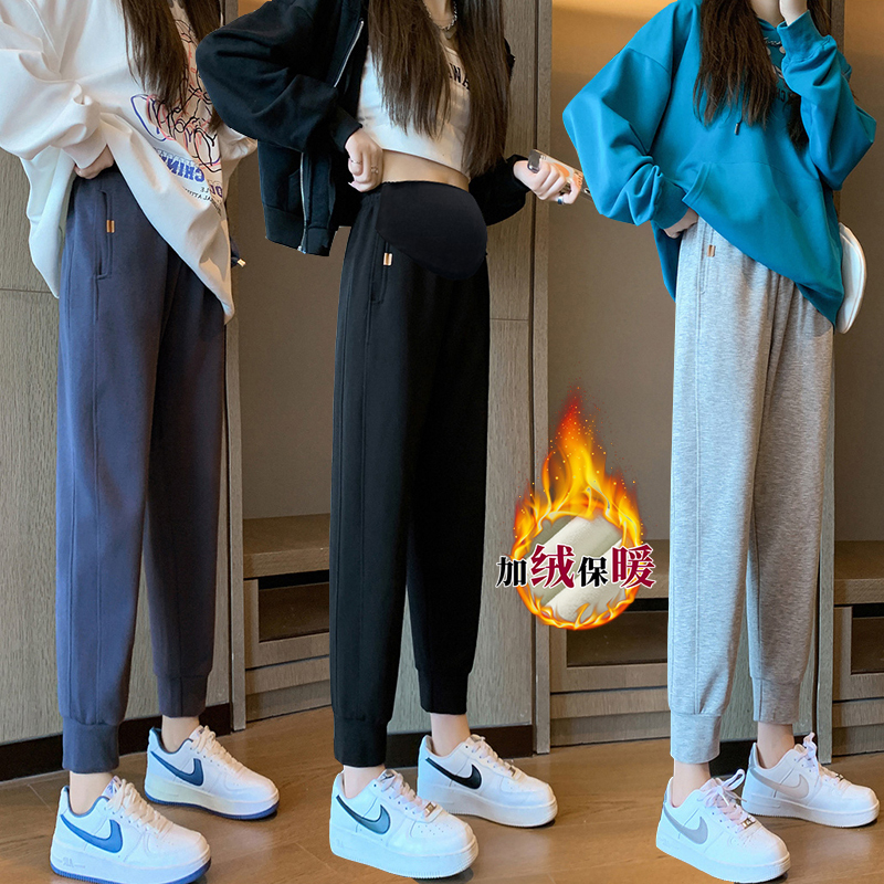 孕妇休闲灯笼裤裤子2025秋冬装加绒外穿时尚款束脚哈伦九分卫裤