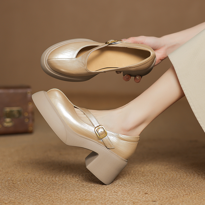 6.5厘米厚底粗跟头层牛皮单鞋女2025新款百搭休闲法式浅口真皮鞋