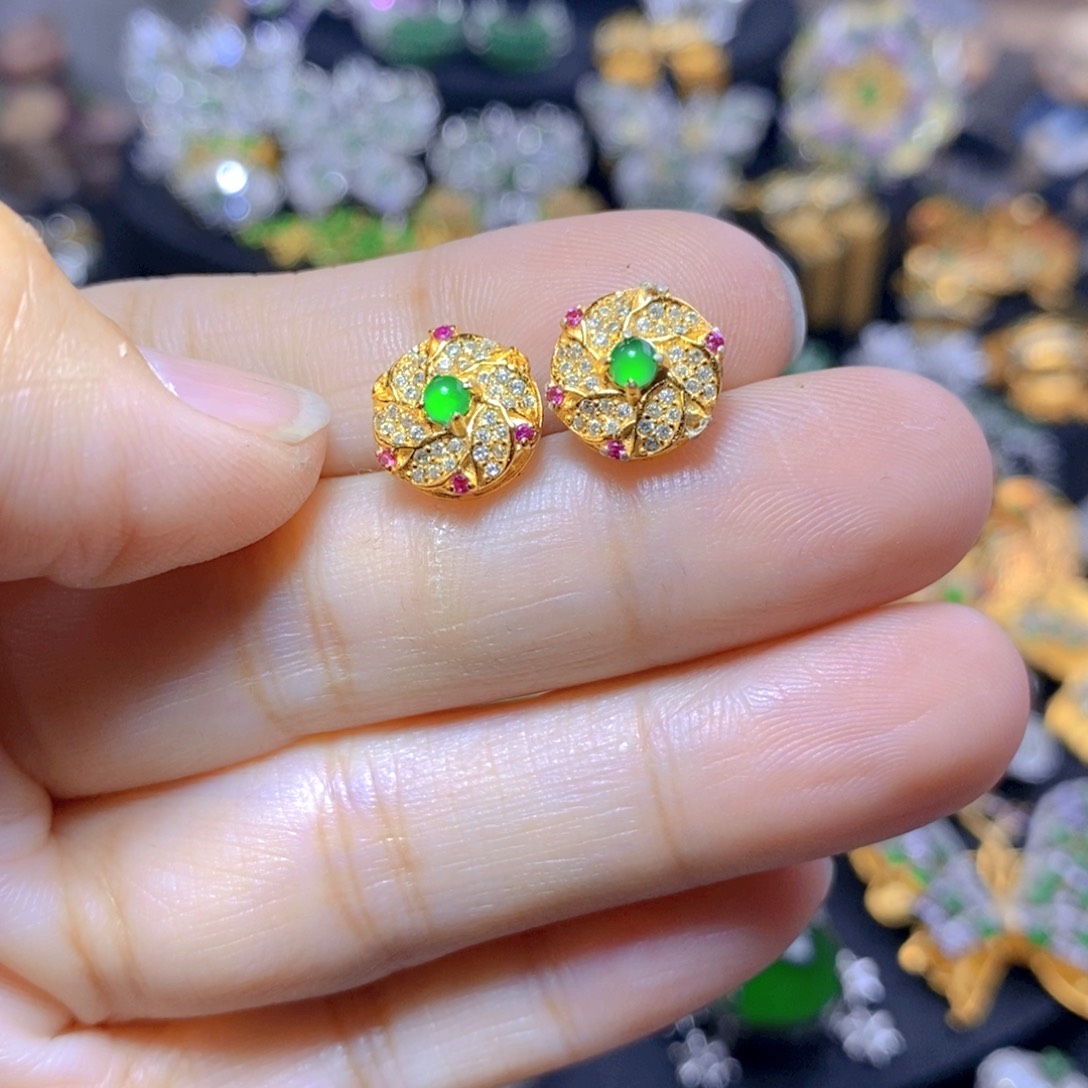 翡翠耳钉银S925镶嵌天然翡翠