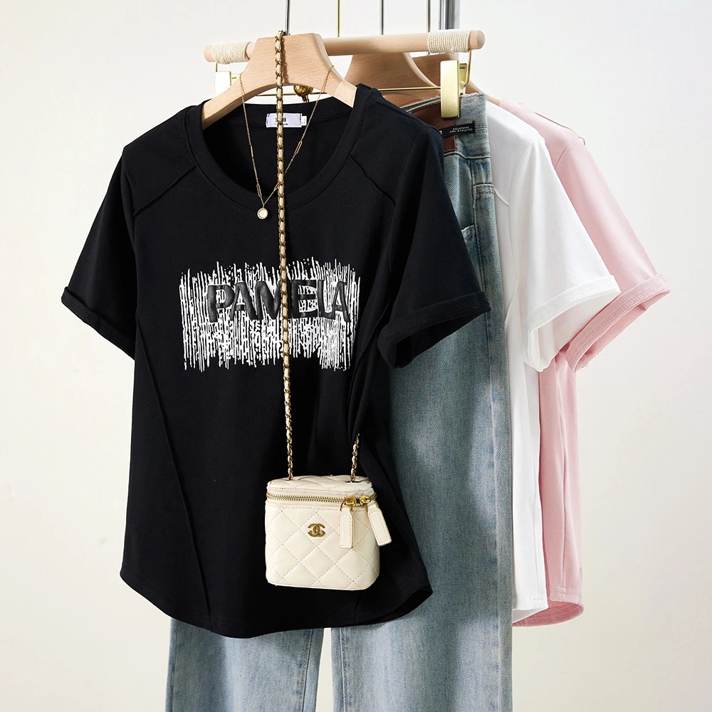 大码女装短袖T恤显瘦设计感鱼骨刺绣圆领休闲时尚上衣夏季1028