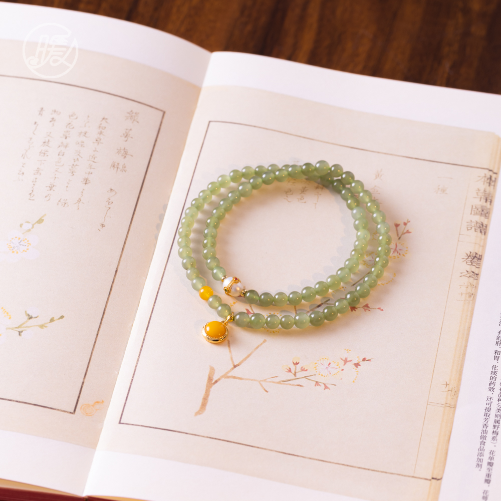 双圈和田玉手串4mm搭配圆形蜜蜡吊坠手链A7389多样性发一
