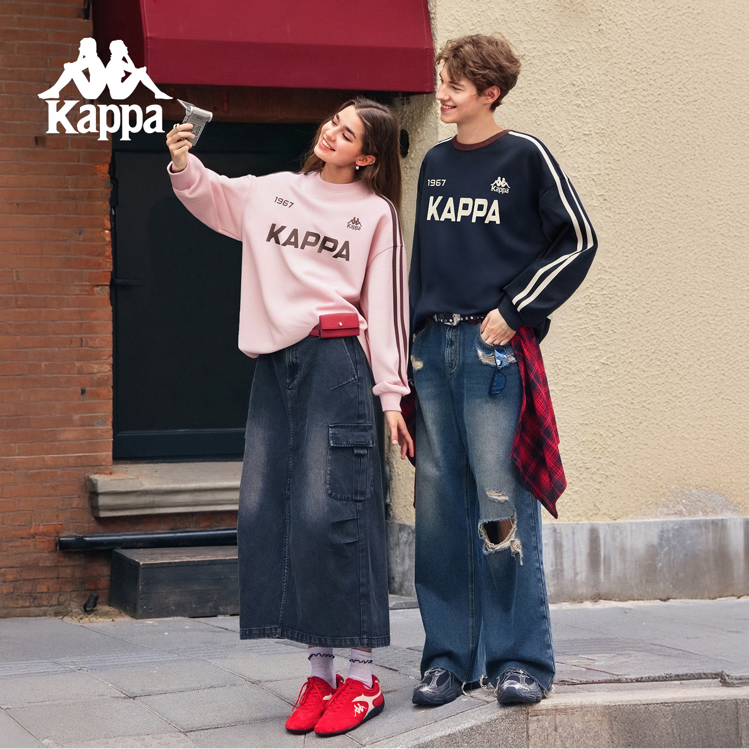 KAPPA/背靠背情侣卫衣女秋季新款撞色美式复古套头长袖上衣男