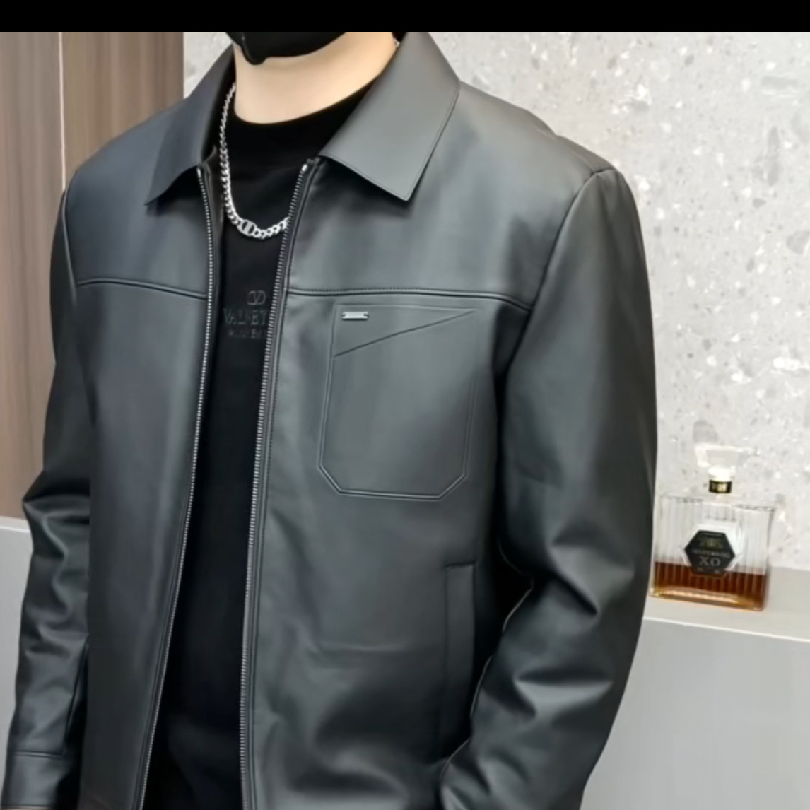 翻领PU皮衣男士秋冬商务休闲短款白鸭绒时尚简约黑色百搭夹克