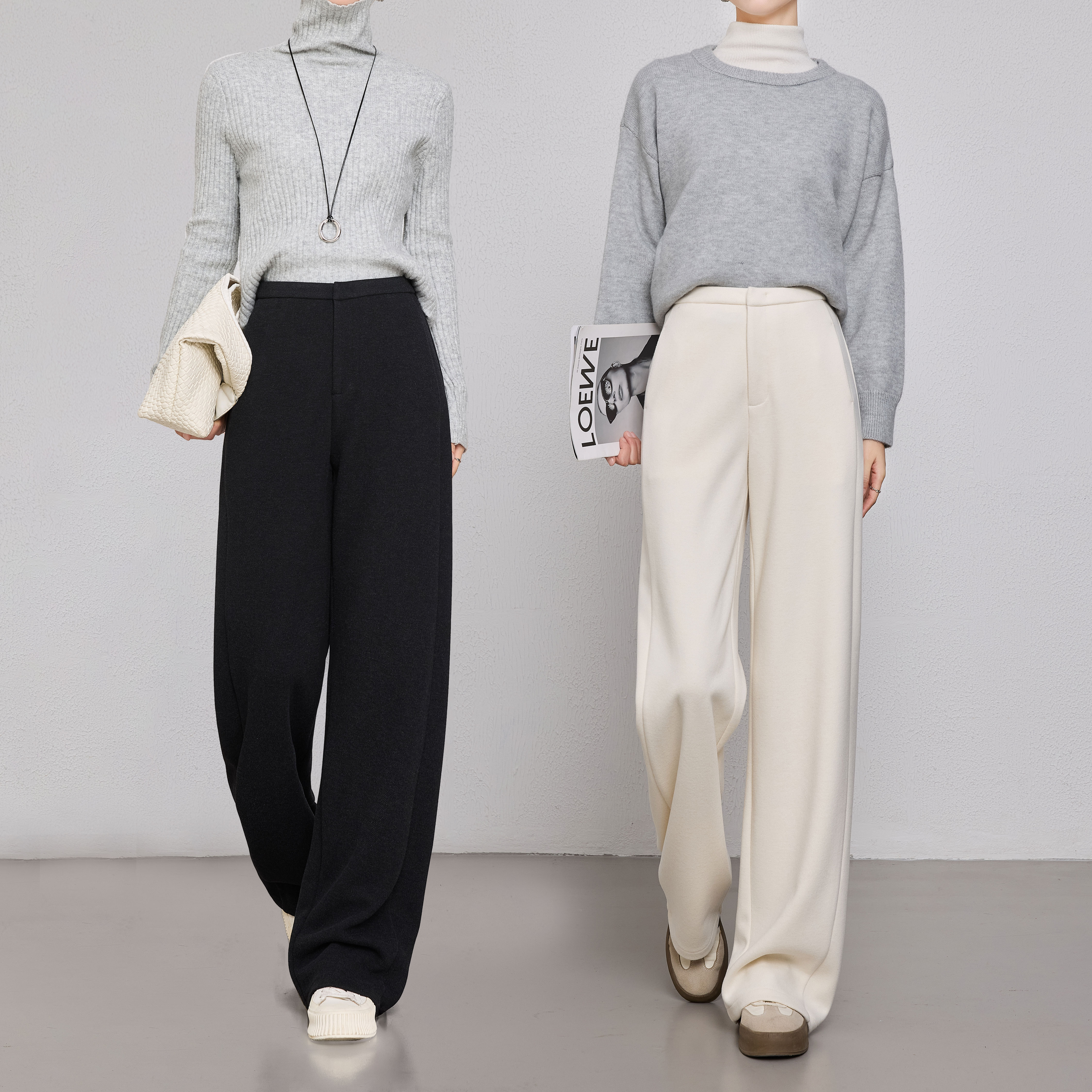 GOWK/杜鹃鸟秋冬新款高腰显瘦时尚软糯垂感直筒裤宽松羊毛