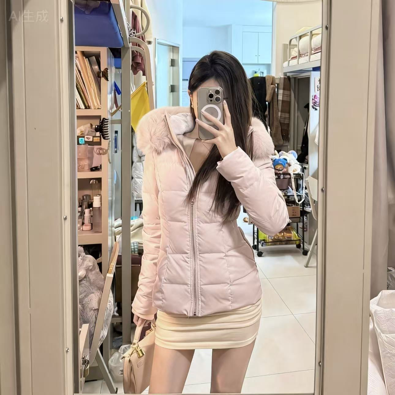 韩版收腰显瘦女领连帽外套冬季保暖加厚棉服