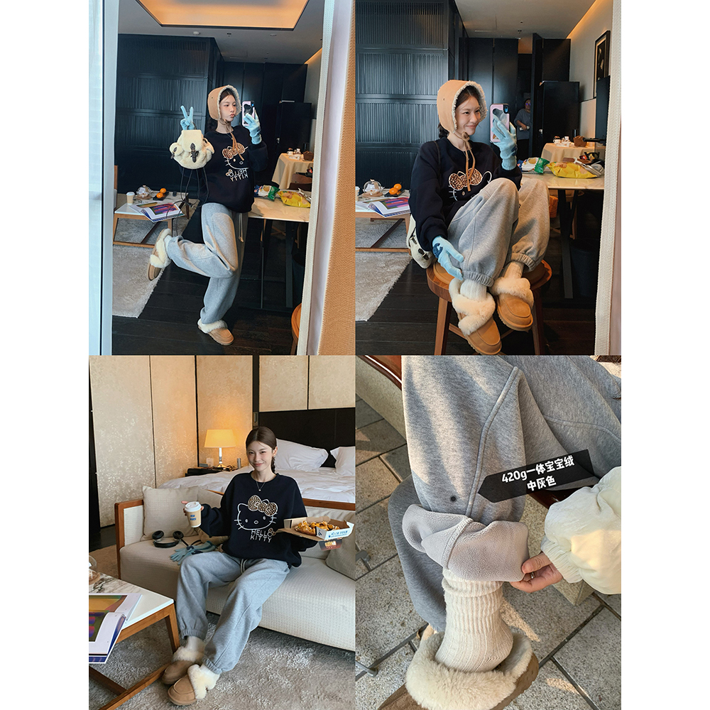 张贝贝ibell长绒棉重磅加绒加厚休闲束脚卫裤宽松保暖显瘦阔腿裤