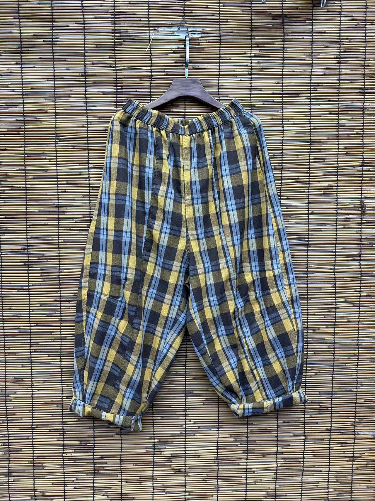 HY   彩色格子棉麻裤