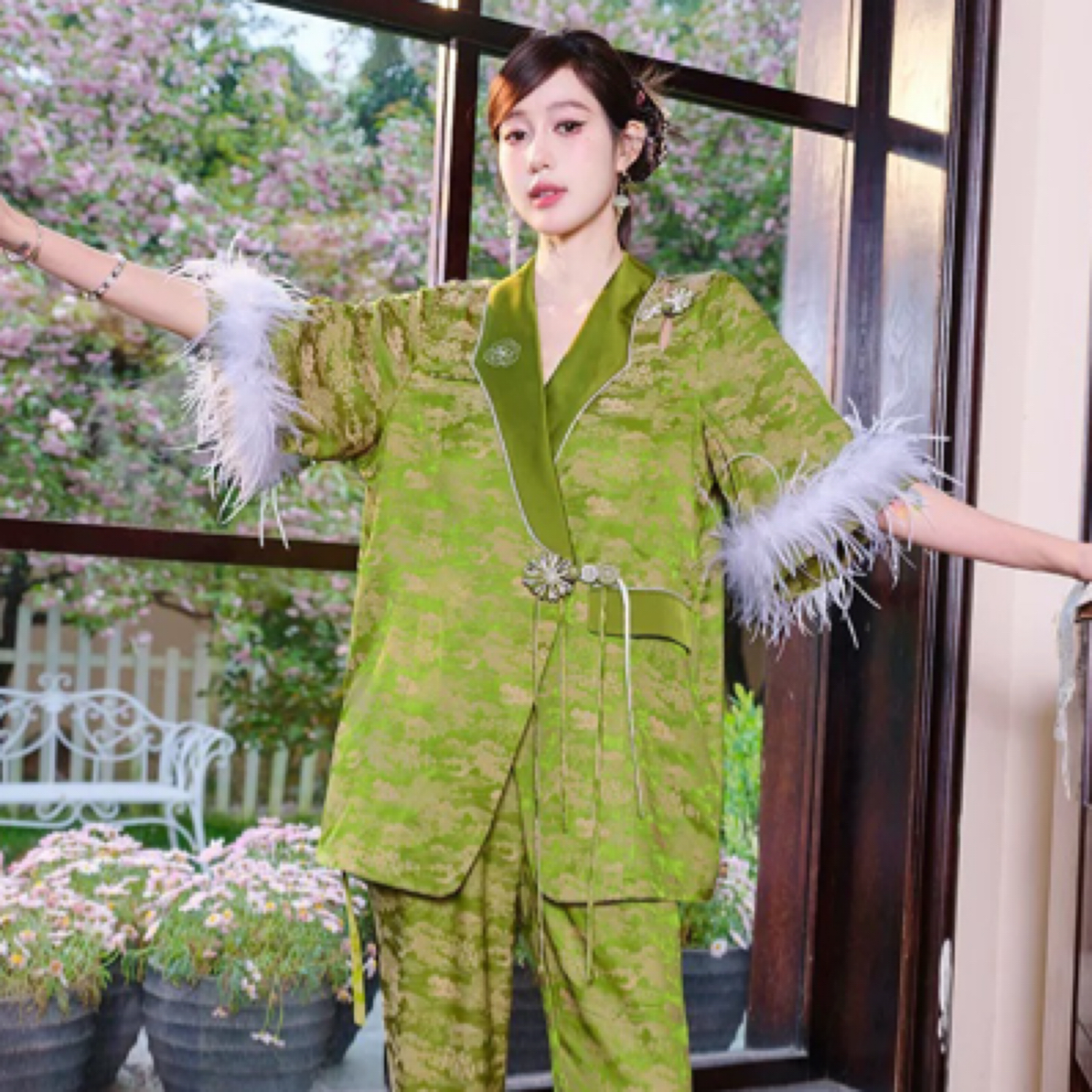 原创新中式睡衣短袖套装可拆卸胸垫家居服两件套缎面仿真丝