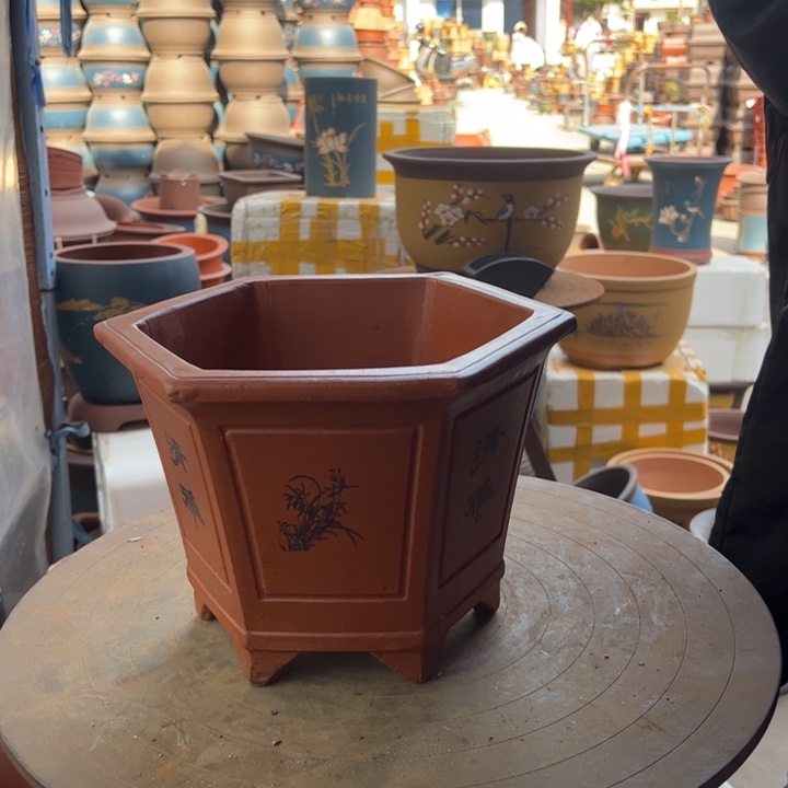 紫砂宜兴紫砂花盆花盆26清雅红六方