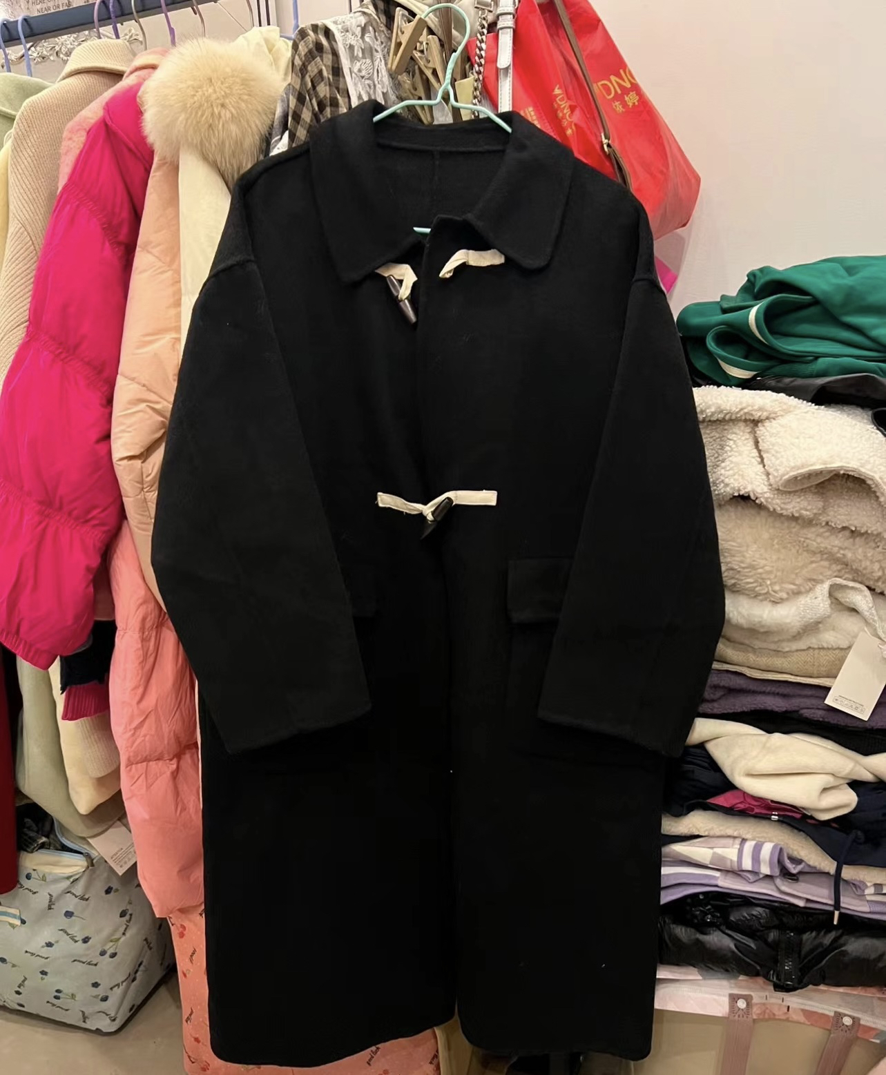 双面大衣女中长款牛角扣翻领气质毛呢外套秋冬季