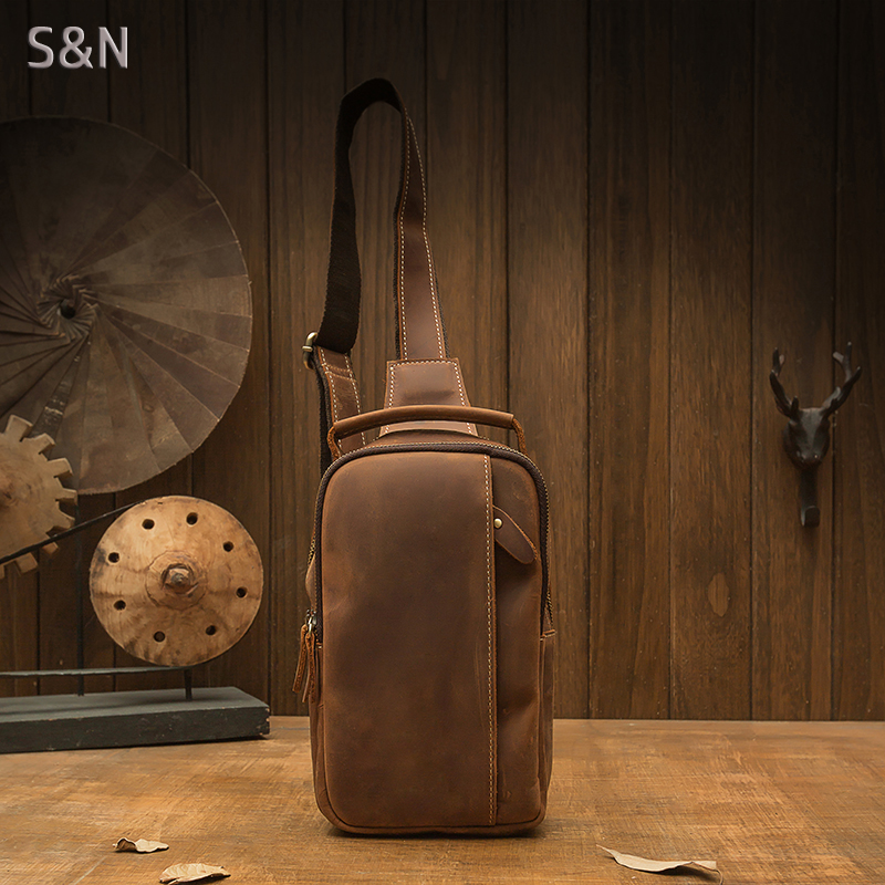 手工真皮潮流时尚胸包男士牛皮个性单肩斜挎包手机包潮牌超火男包