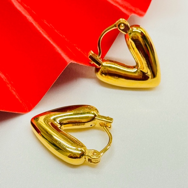 黄金足金999亮面胖爱心5D硬金卡扣耳环