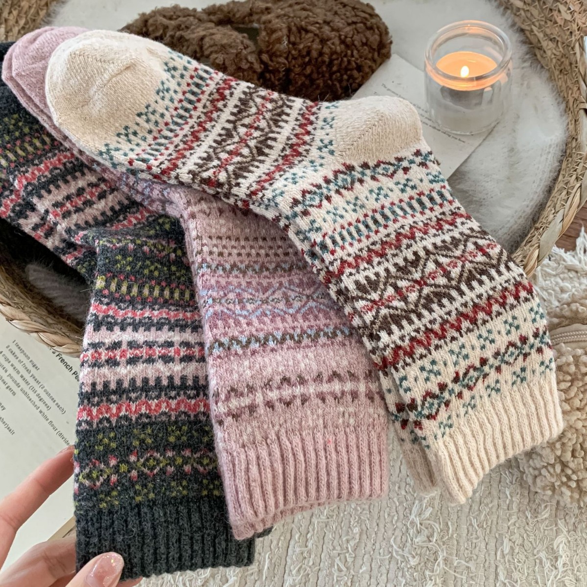 日杂风秋冬加厚保暖羊毛袜子女费尔岛堆堆袜日系复古褚暨袜子批发