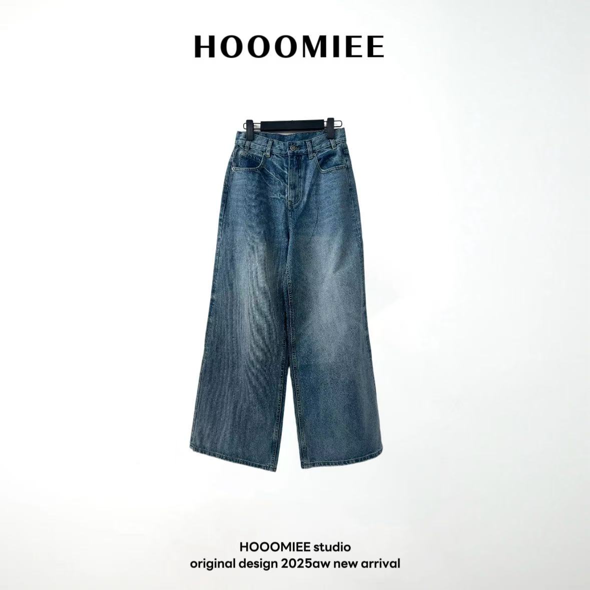 Hooomiee水洗复古直筒阔腿女士牛仔裤NZG2025427
