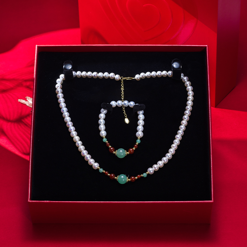 【优选】京润珍珠盼愿套装银 淡水珍珠项链手链7-8mm气质礼盒高颜值